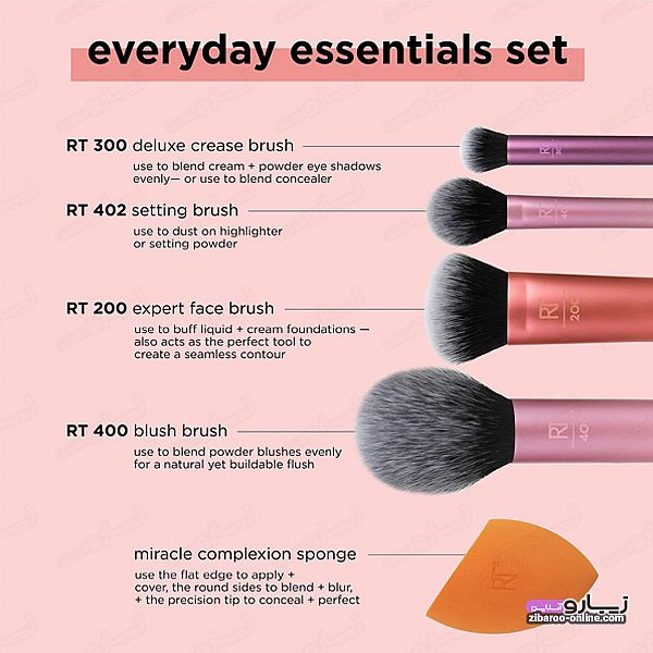 ست براش آرایشی ریل تکنیکس اورجینال مدل Everyday Essentials به همراه پد آرایشی مجموعه 6 عددی