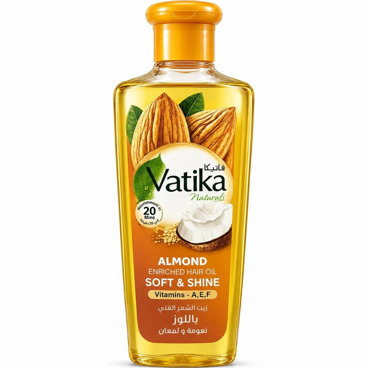 روغن موی نرم کننده و درخشان کننده بادام واتیکا Vatika Almond Soft Shine حجم 200 میلی لیتر