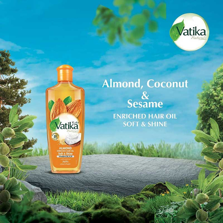 روغن موی نرم کننده و درخشان کننده بادام واتیکا Vatika Almond Soft Shine حجم 200 میلی لیتر